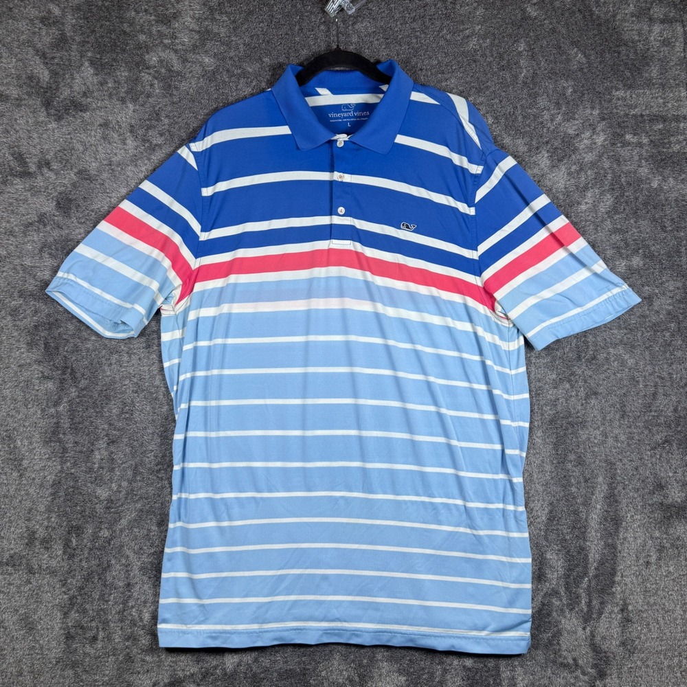 Vineyard Vines Mens Large Blue Striped Performance Polo Shirt Short Sleeve L